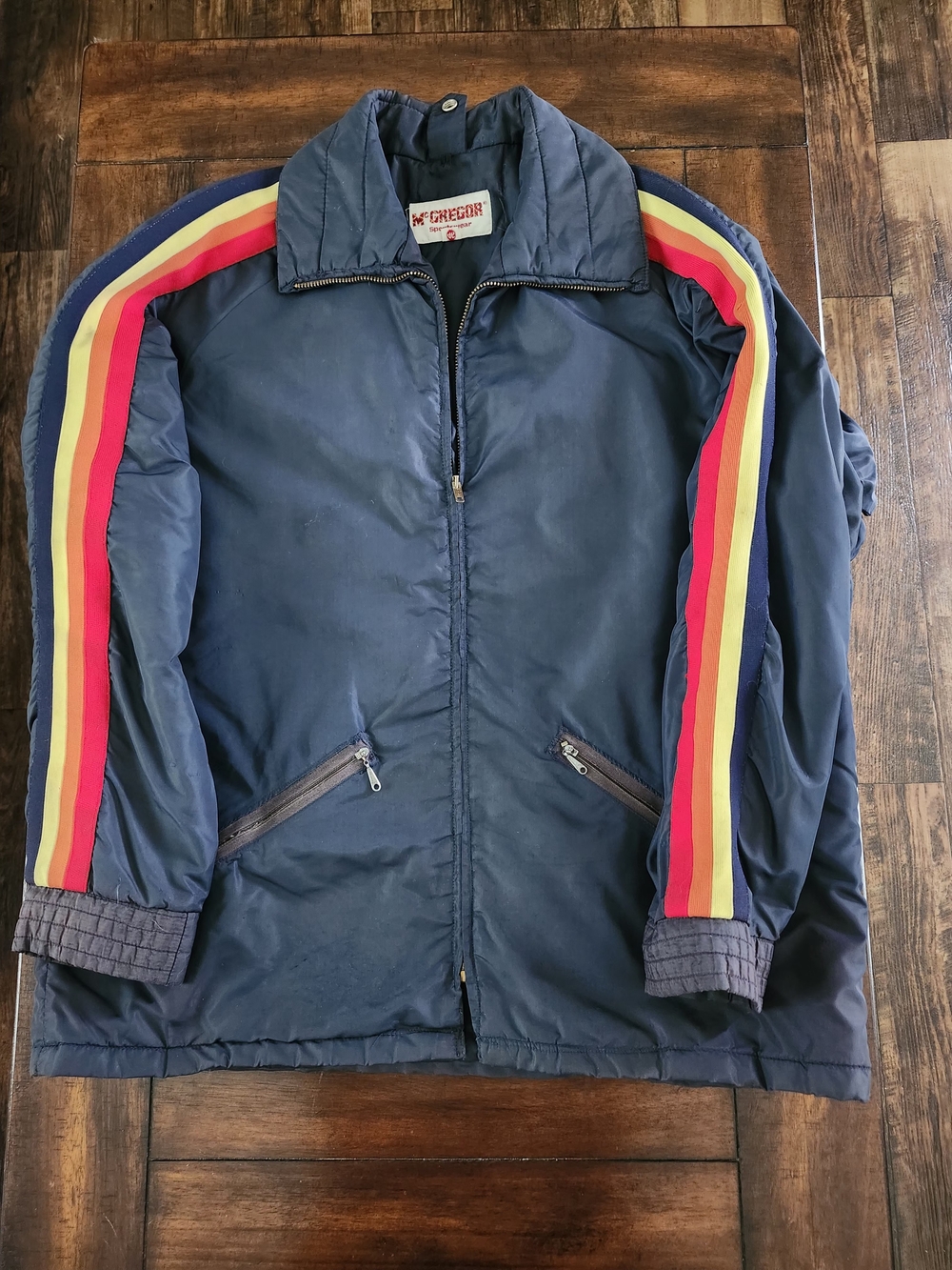 1970's-1980's Vintage McGregor Navy Track Jacket with Rainbow Sleeve Stripes